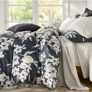 Land's End Duvet 700 count Luxury Cotton Dark Sky Gray White Floral Ties King